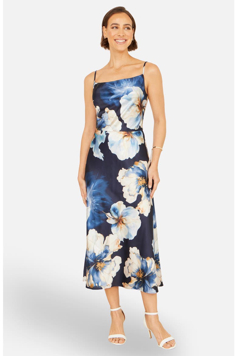Cowl Neck Satin Floral Dress, Alternate, color, Navy