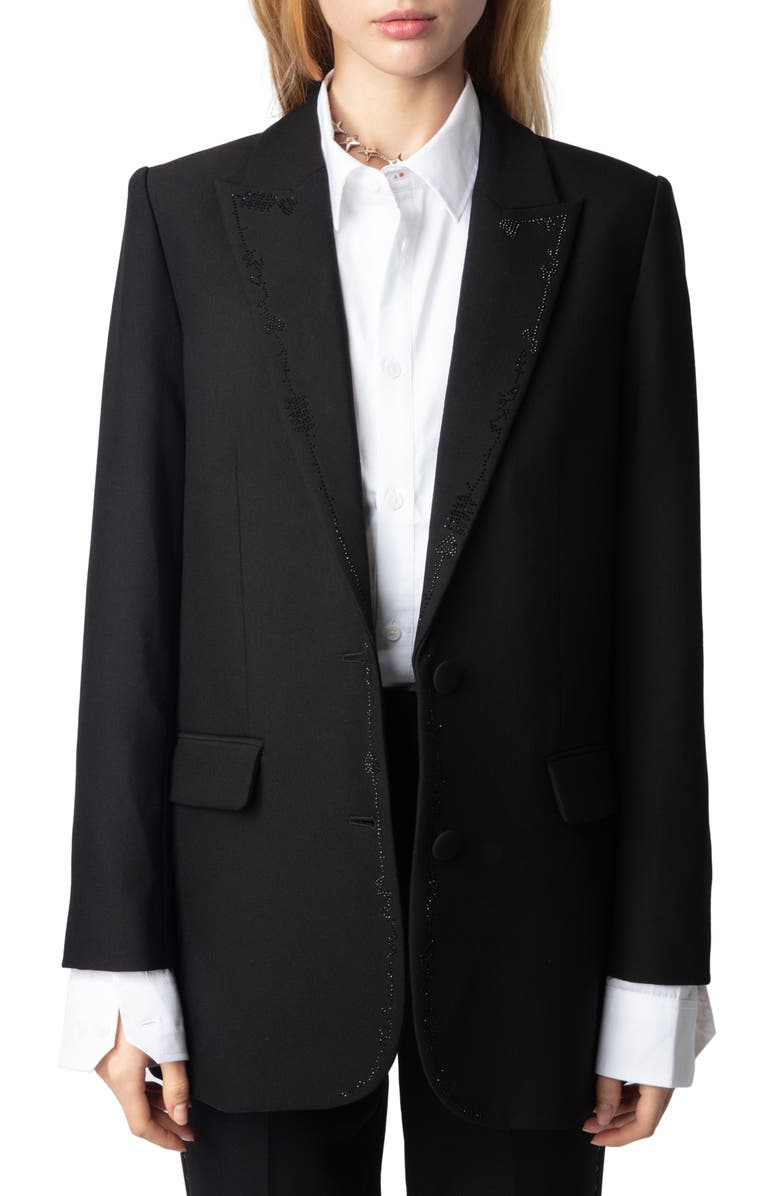 Zadig & Voltaire Viva Crystal Embellished Single Breasted Stretch Crepe Blazer, Main, color, 