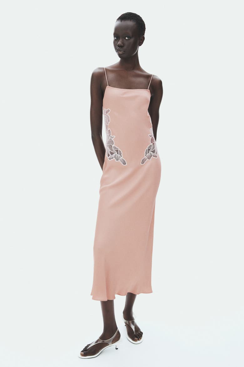 Lace-detail Satin Dress With Scarf, Alternate, color, Dusty beige/white