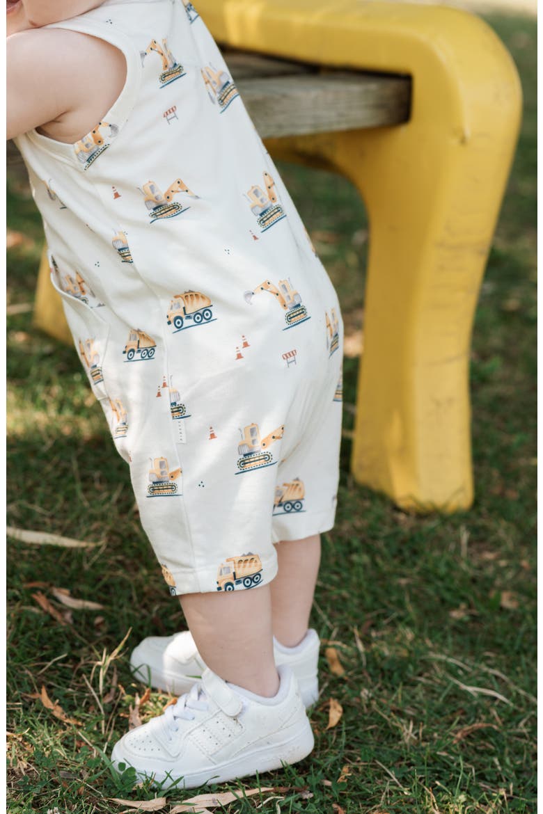 Digger Print Jersey Romper, Alternate, color, OFF WHITE