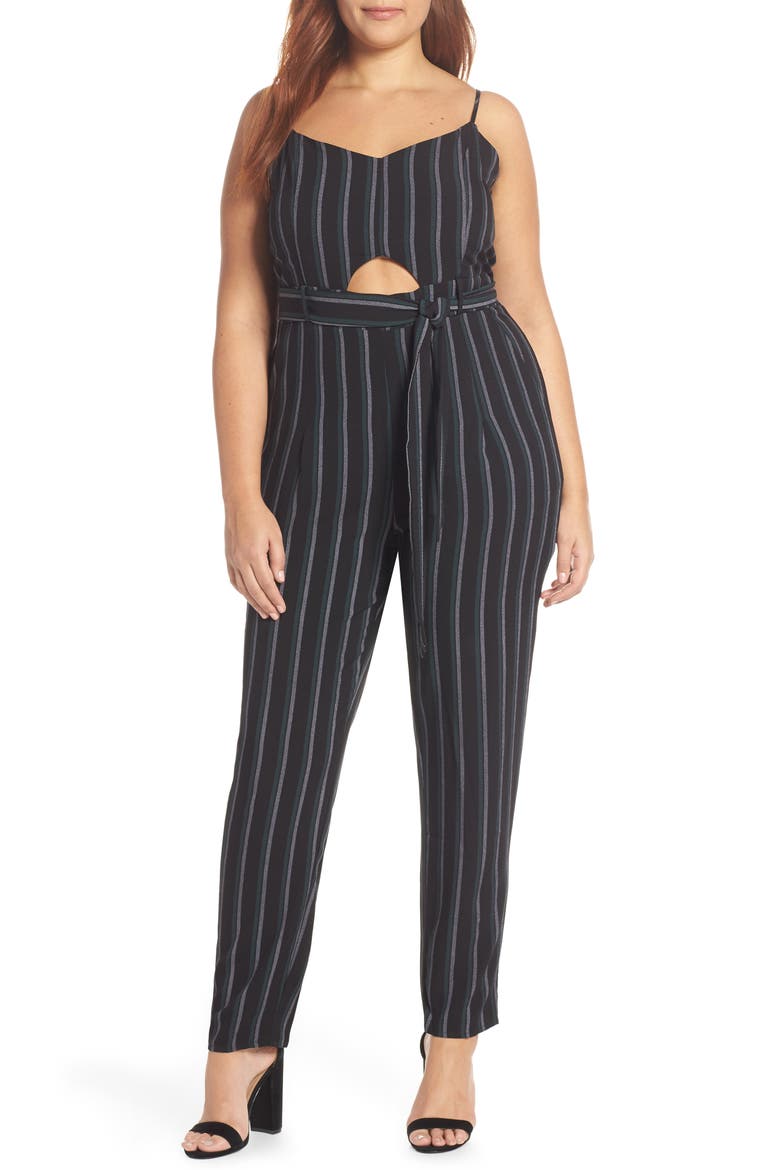 Keyhole Jumpsuit, Alternate, color, BLACK DOUBLE STRIPE