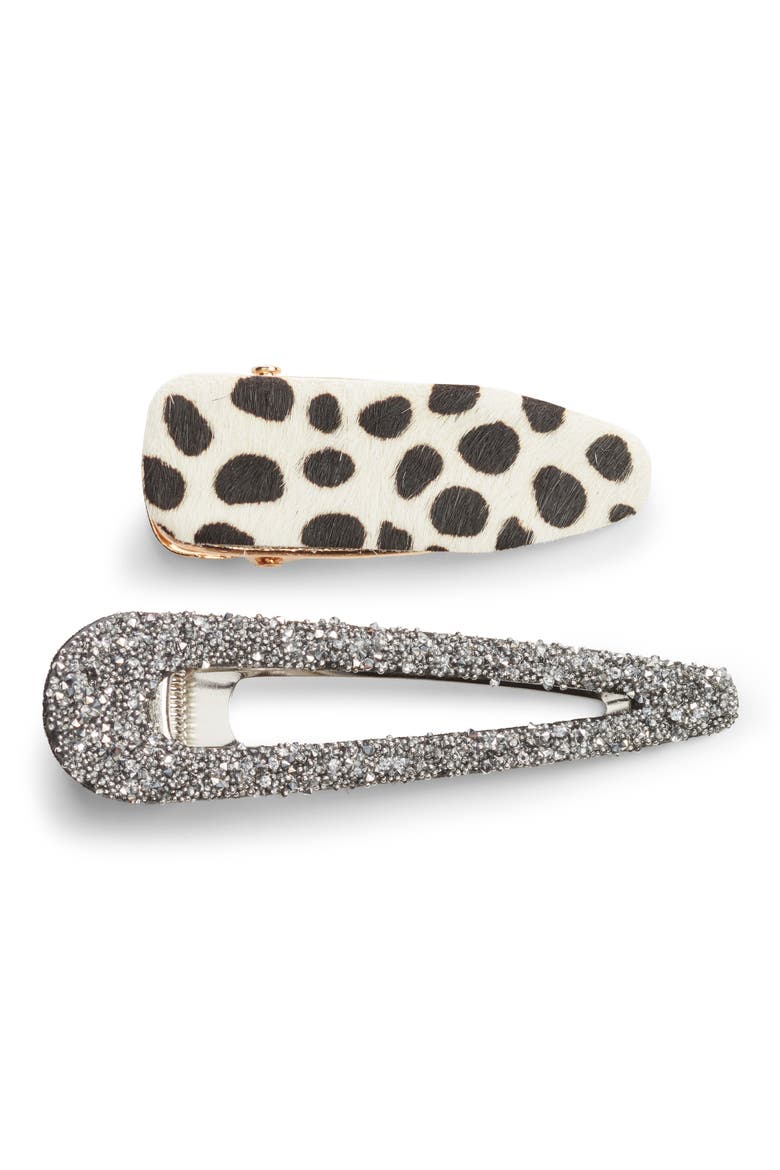 x Claudia Sulewski Set of 2 Leopard & Glitter Hair Clips, Main, color, SILVER