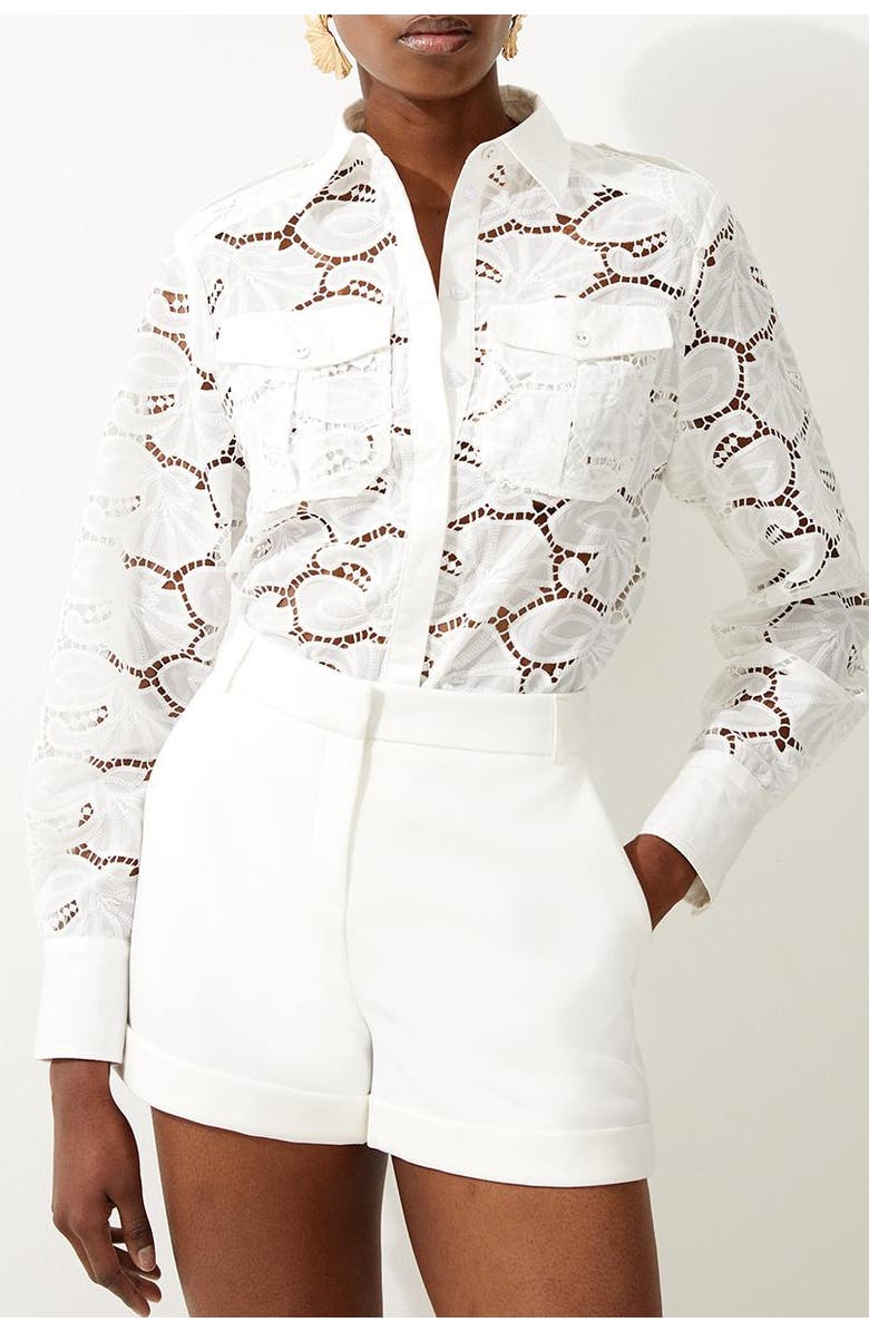 Karen Millen Cotton Cutwork Woven Shirt, Alternate, color, White