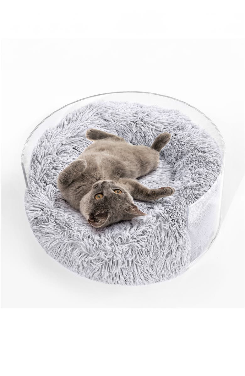 The Licker Store Bette 20.75" x 20.75" Small/Medium Modern Lucite Calming Fluffy Donut Pet Bed with Washable Cover, Main, color, Light Gray/Clear