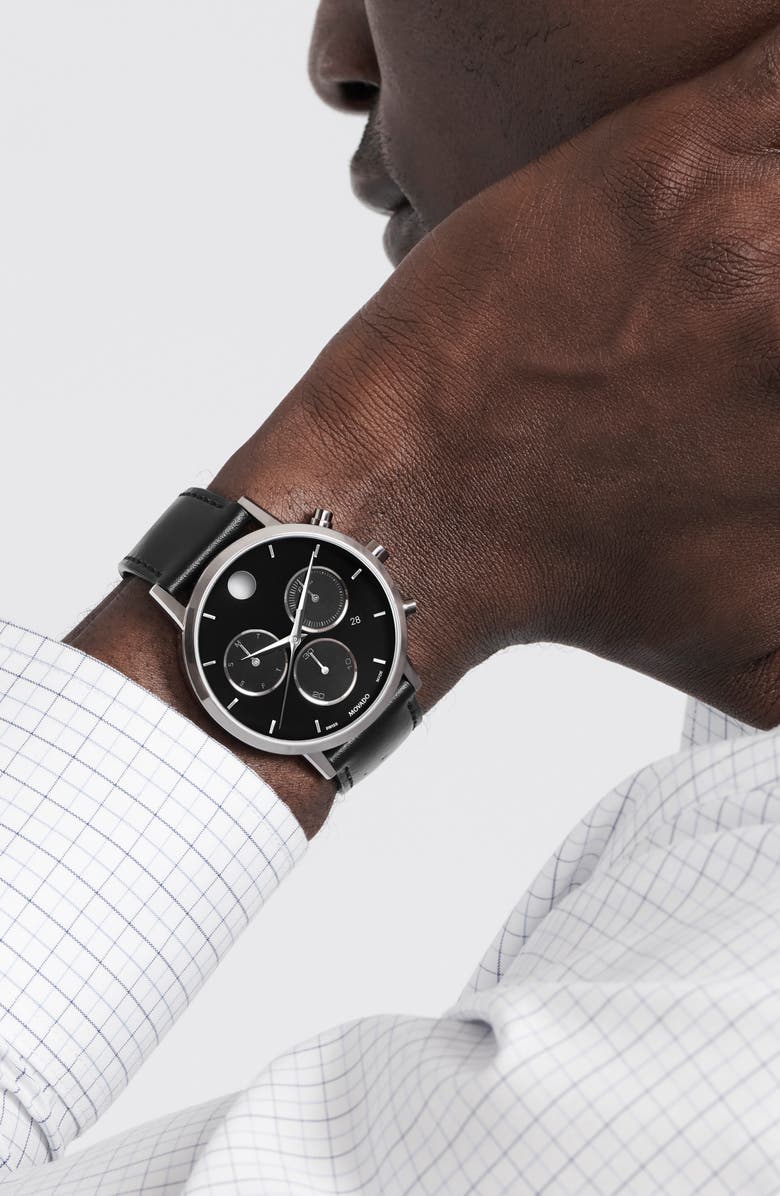 Movado Museum Classic Leather Strap Watch, Alternate, color, Black Dial