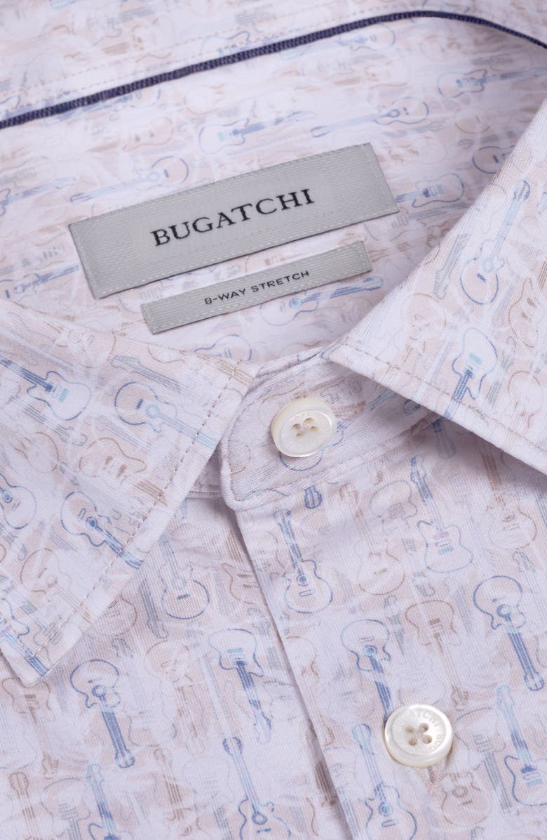Bugatchi Miles OoohCotton<sup>®</sup> Sketched Guitar Print Short Sleeve Button-Up Shirt, Alternate, color, Sand