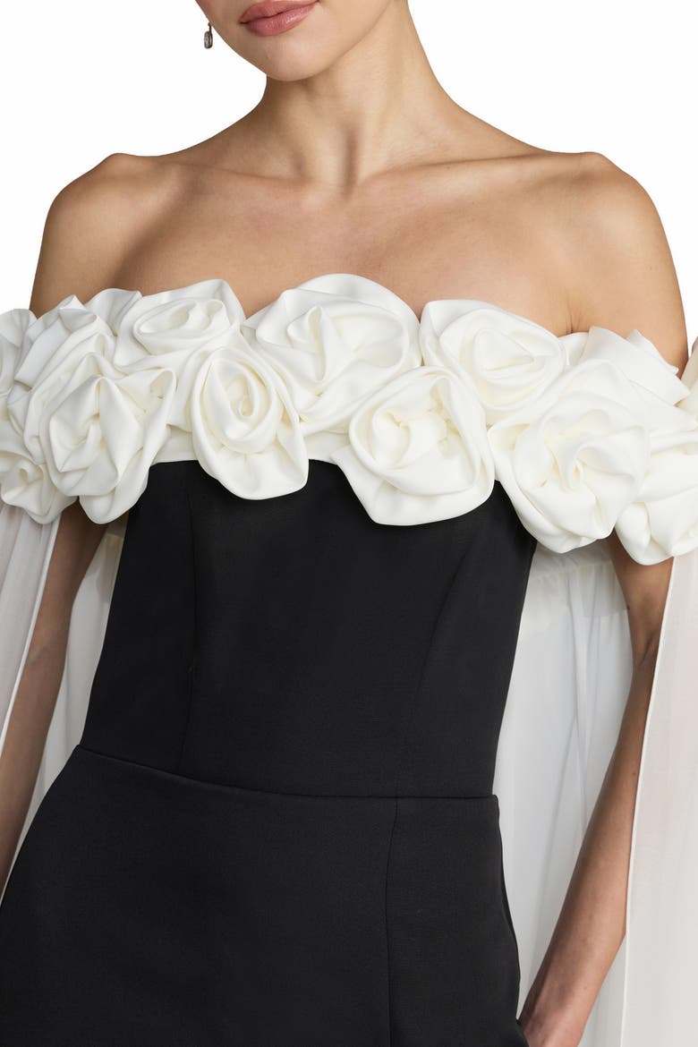 Off The Shoulder Crepe Gown With Chiffon Cape, Alternate, color, Black Ivory