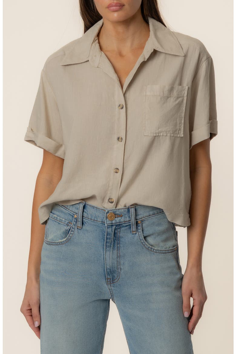 Aida Linen Blend Short Sleeve Button-Up Top, Main, color, SAND