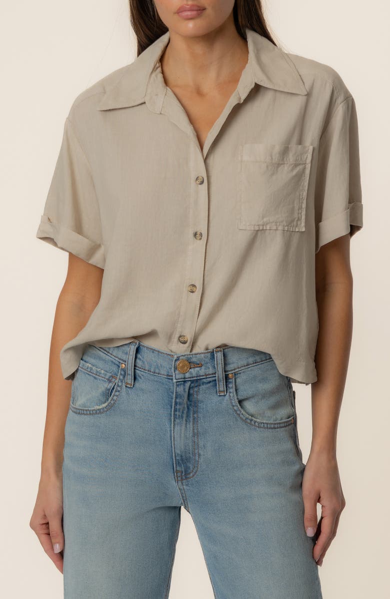 KUT from the Kloth Aida Linen Blend Short Sleeve Button-Up Top, Main, color, Sand