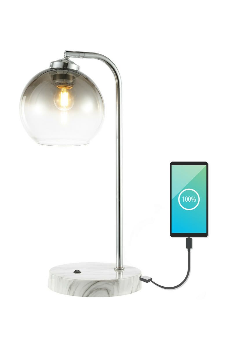 JONATHAN Y Ada 20" Industrial Contemporary Iron/Glass LED Task Lamp with USB Charging Port, Chrome/Smoke Gray, Main, color, Chrome