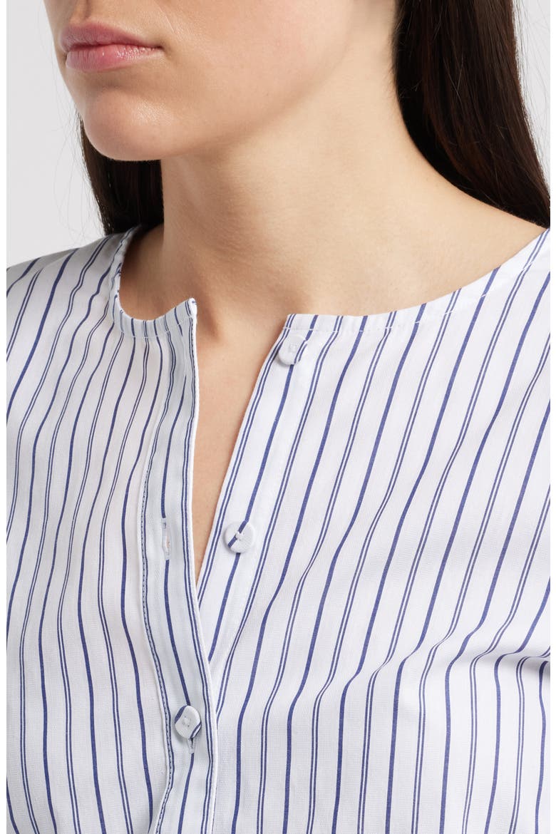 Puff-Sleeve Button-Up Top in Stripe, Alternate, color, DARK BLUE WHITE STRIPE