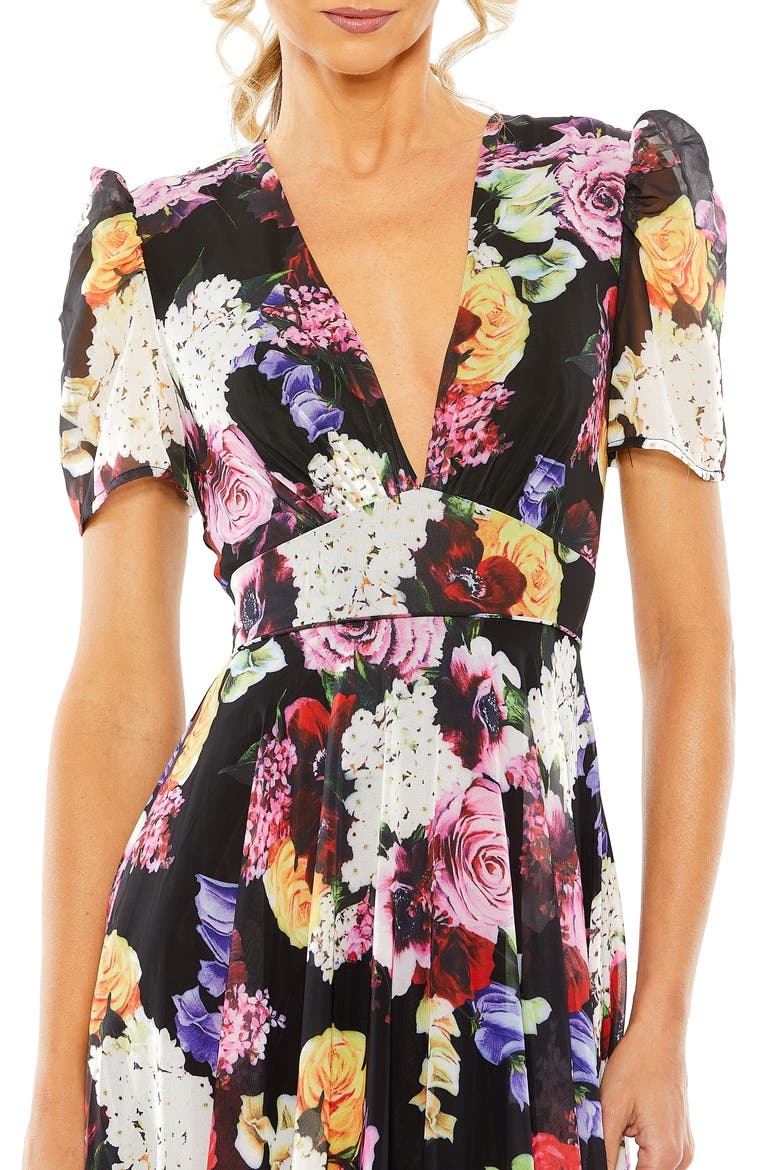 Floral print mesh cap sleeve gown, Alternate, color, BLACK MULTI