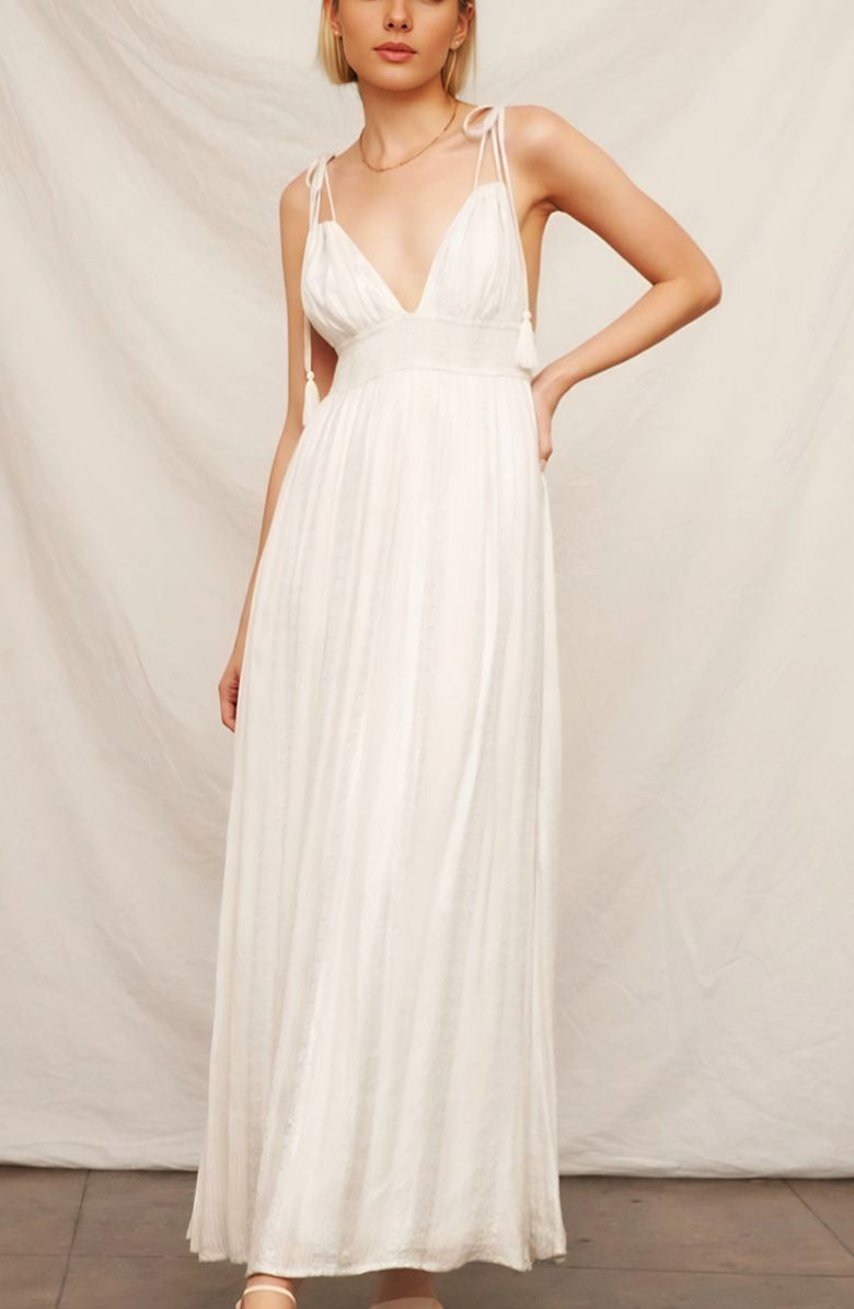 Knit and Lounge Boho Tiered Maxi Dress with Tie-Strap Tassels, Alternate, color, White