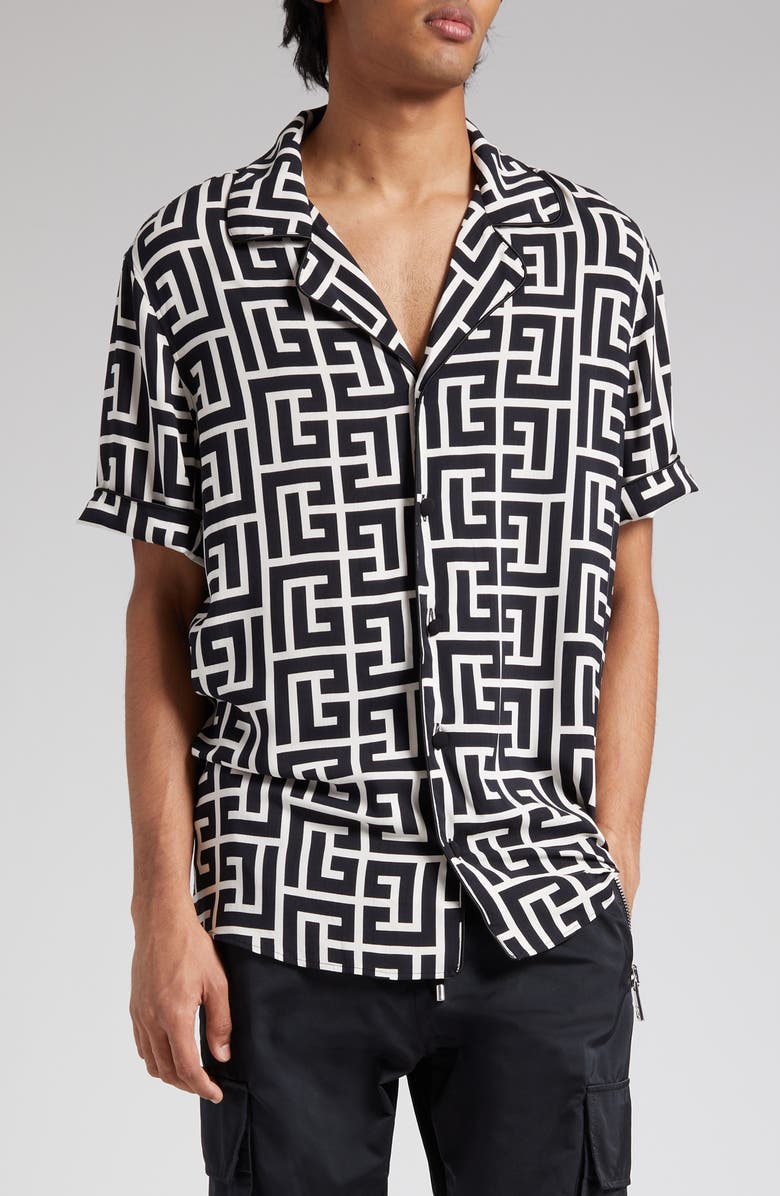 Balmain Macro Monogram Short Sleeve Pajama Shirt, Main, color, Ivory/ Black
