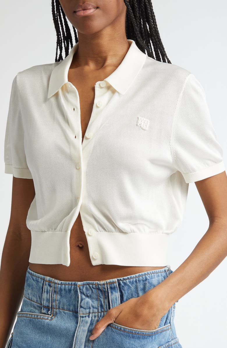 Alexander Wang Logo Embroidered Short Sleeve Crop Cardigan, Alternate, color, 