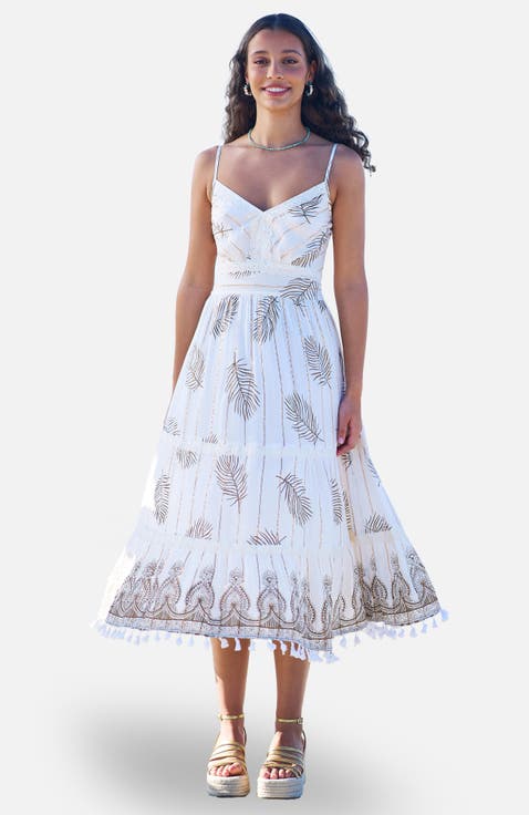 Foil Print Lace Trim Midi Sun Dress