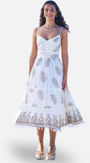 Yumi Foil Print Lace Trim Midi Sun Dress