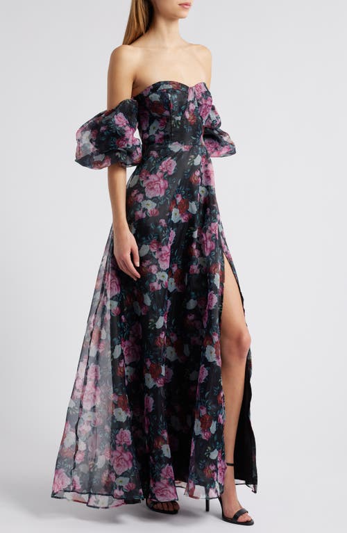 Lulus Flral Bustier Gown In Black/pink/white