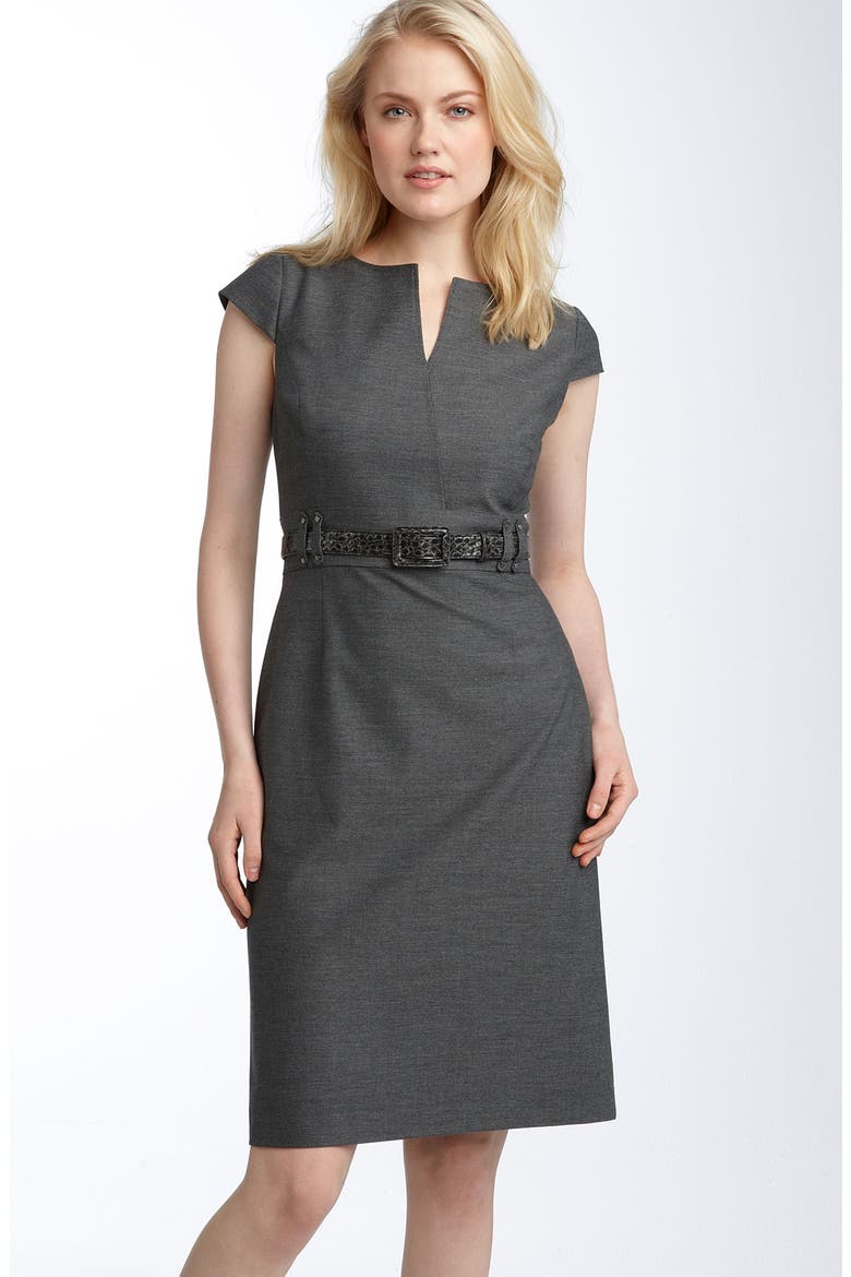 by Arthur S. Levine Belted Split Neck Sheath Dress, Main, color, GREY