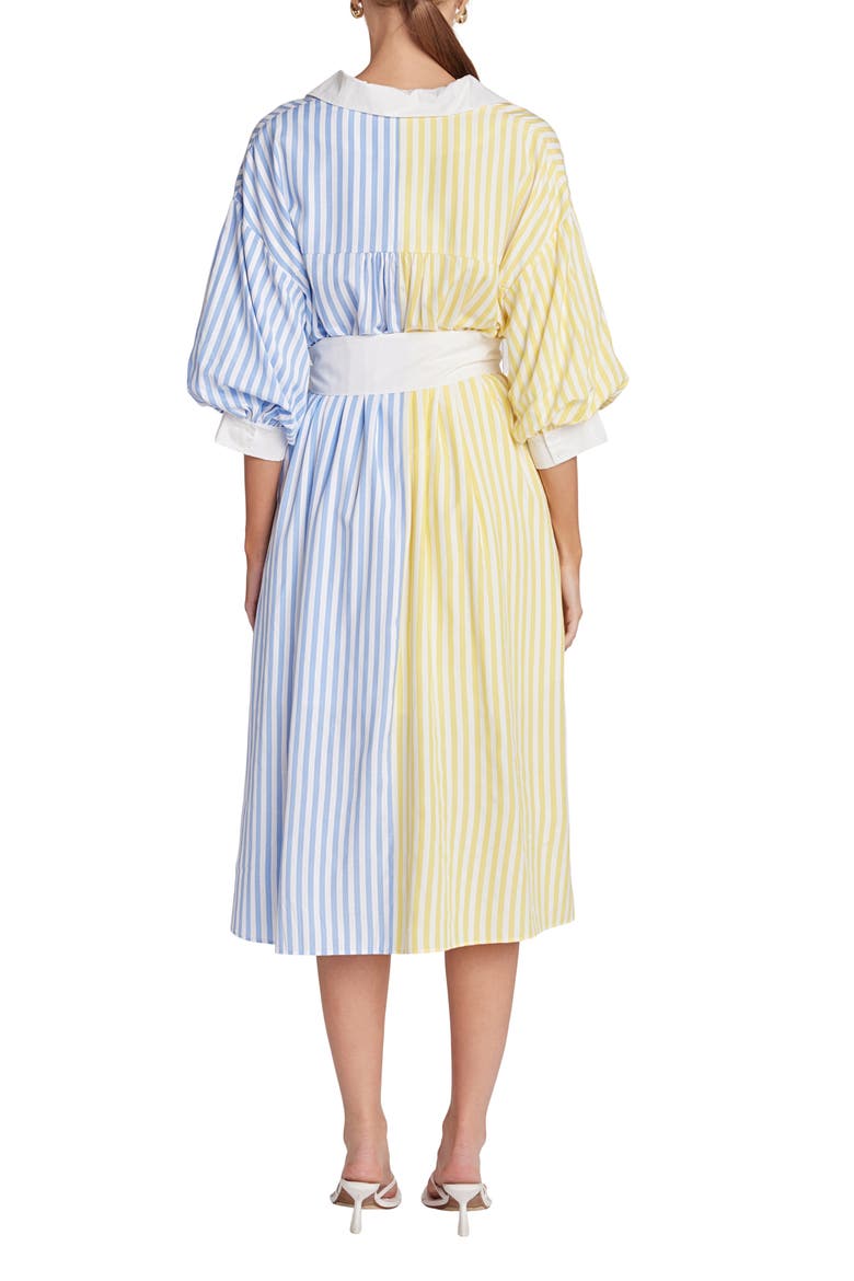 Blouson Sleeve Tie Waist Midi Shirtdress, Alternate, color, BLUE/ YELLOW