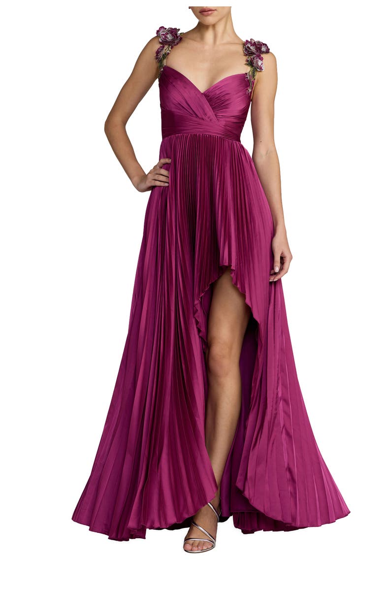 Mac Duggal Petite Pleated High Low Gown With 3D Floral Straps, Main, color, Magenta