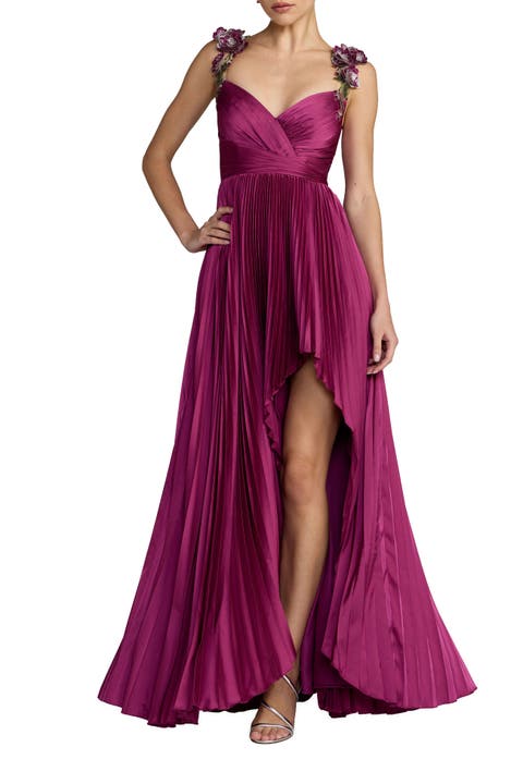 Petite Pleated High Low Gown With 3D Floral Straps