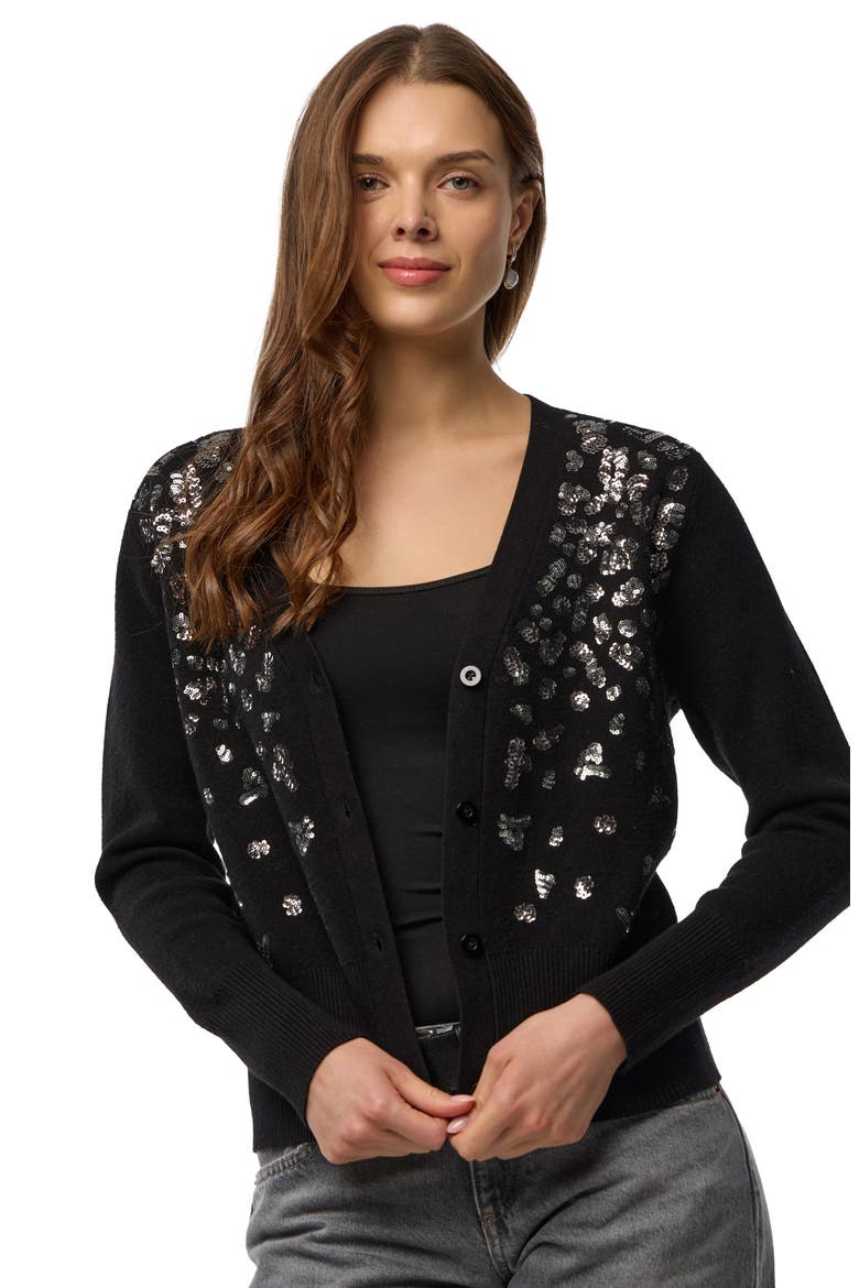Deco Drizzle V-Neck Cardigan, Alternate, color, BLACK