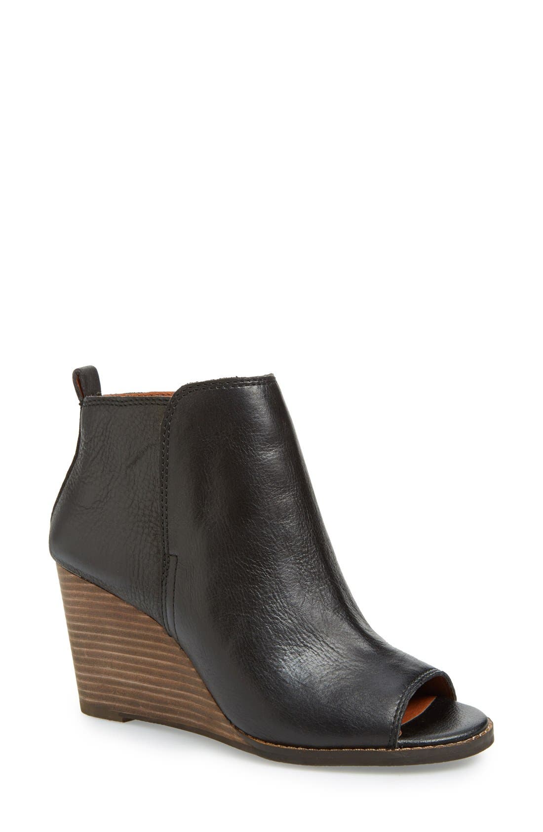 'Jagurr' Open Toe Wedge Bootie, Main, color, BLACK LEATHER