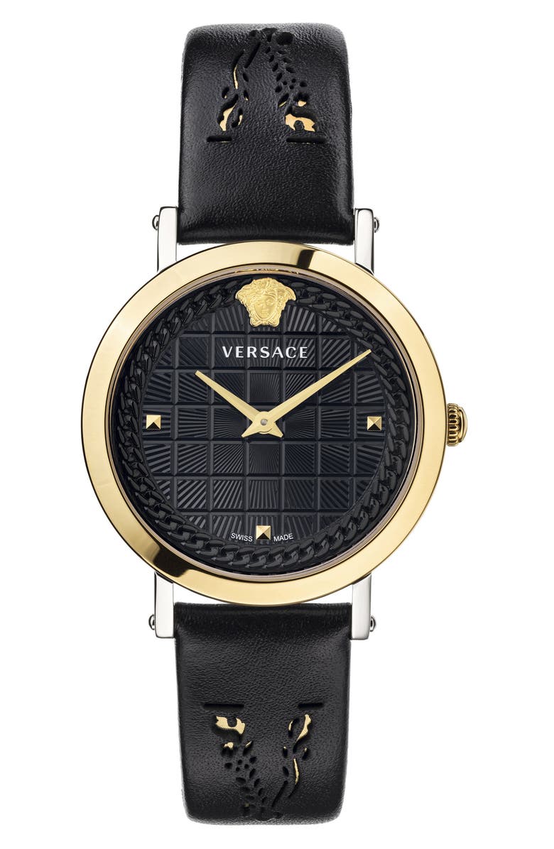 Versace Virtus Texture Dial Leather Strap Watch, 37mm, Main, color,
