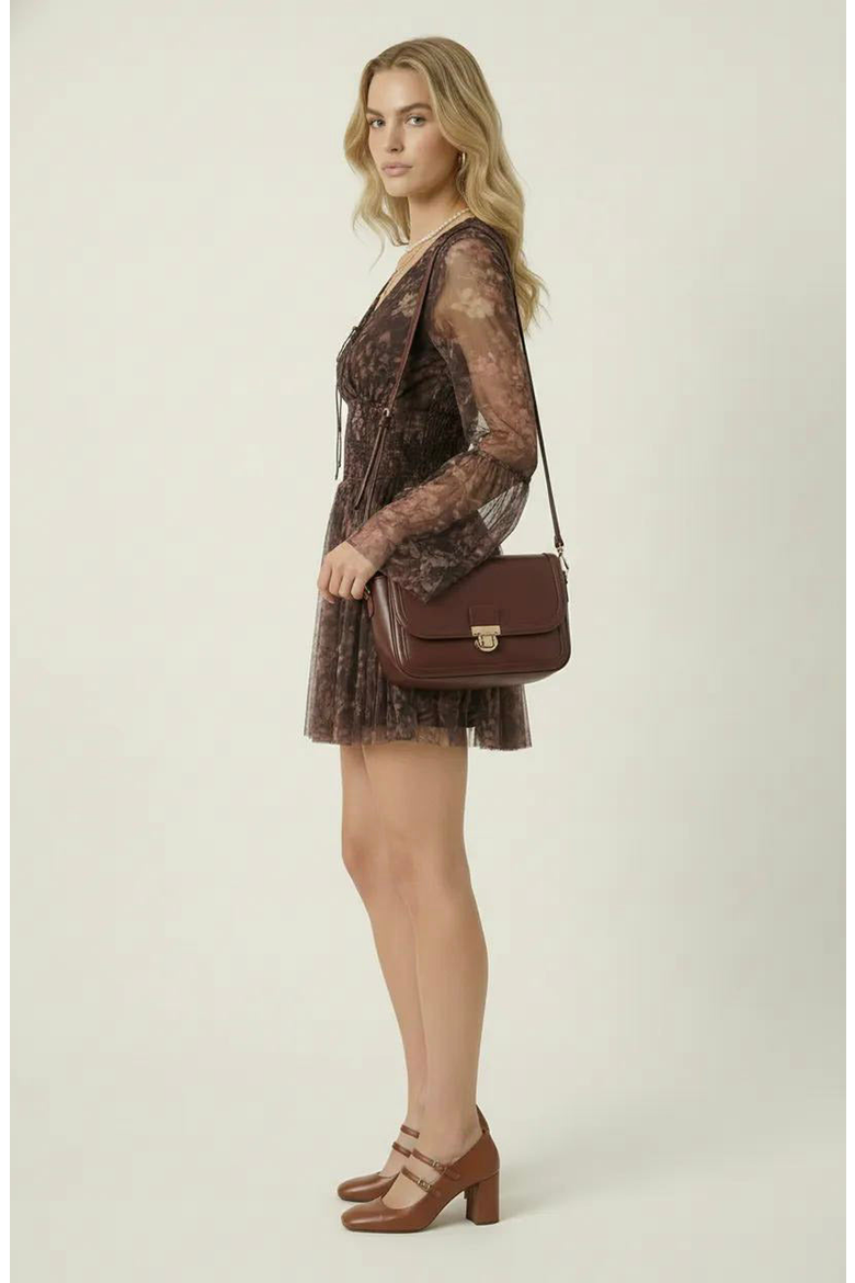 Floral Long Sleeve Mini Dress with Smocked Waist and Flared Skirt, Alternate, color, Brown Floral