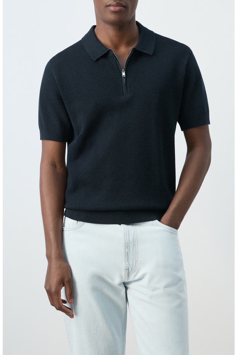 Solid Cotton Waffle Zip Polo Sweater, Main, color, NAVY