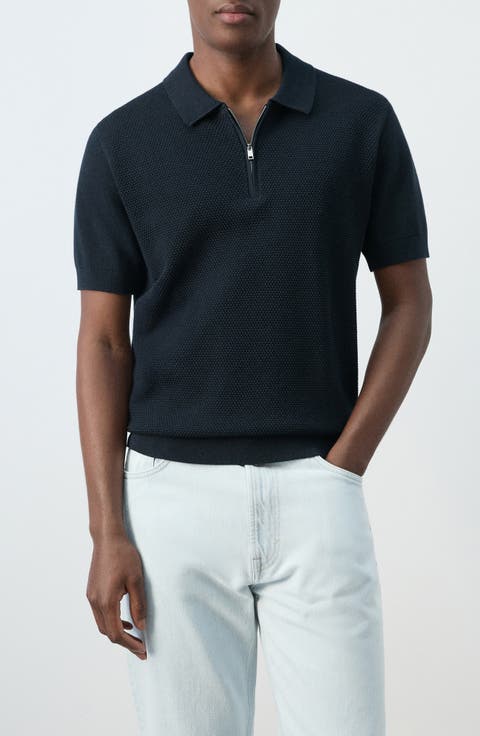 Solid Cotton Waffle Zip Polo Sweater