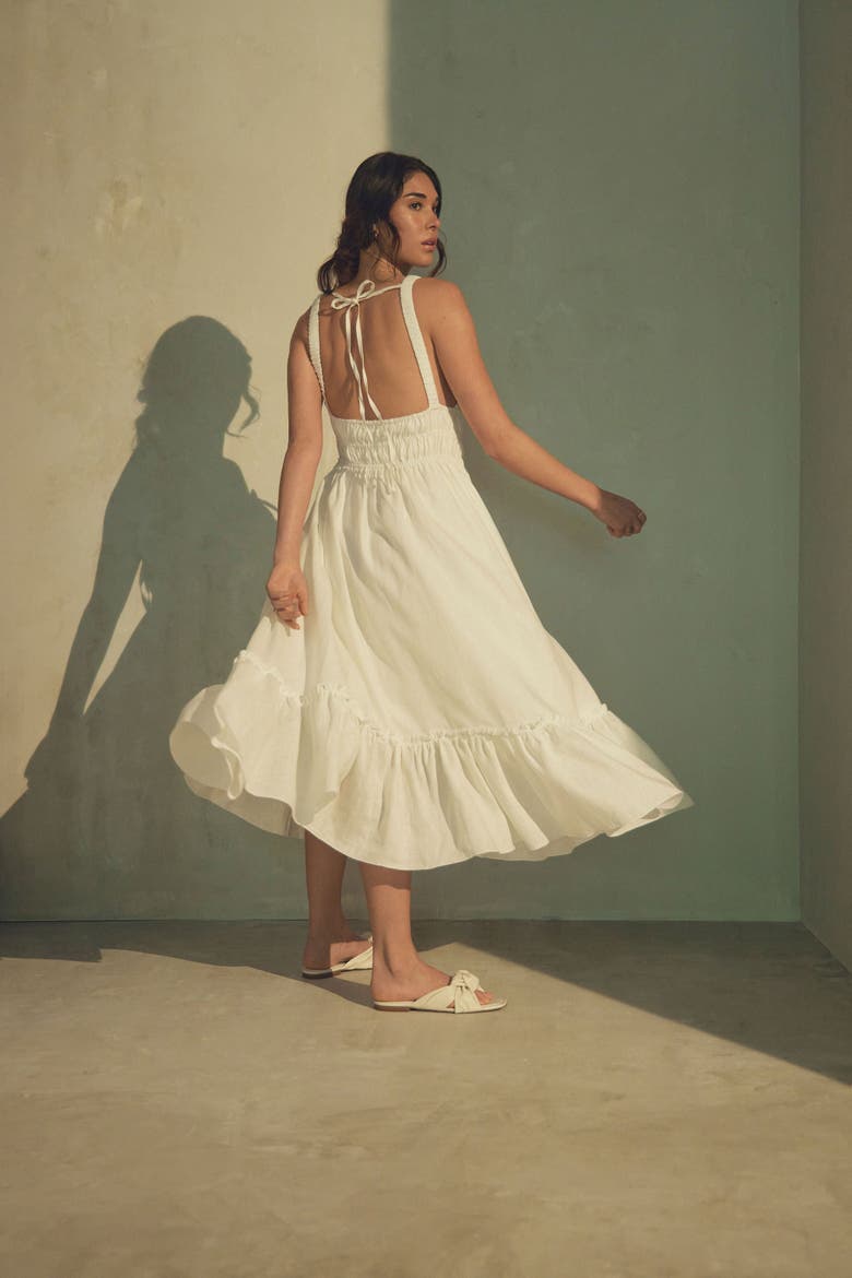 Amara Ruched Midi Linen Dress in Pristine, Alternate, color, Pristine