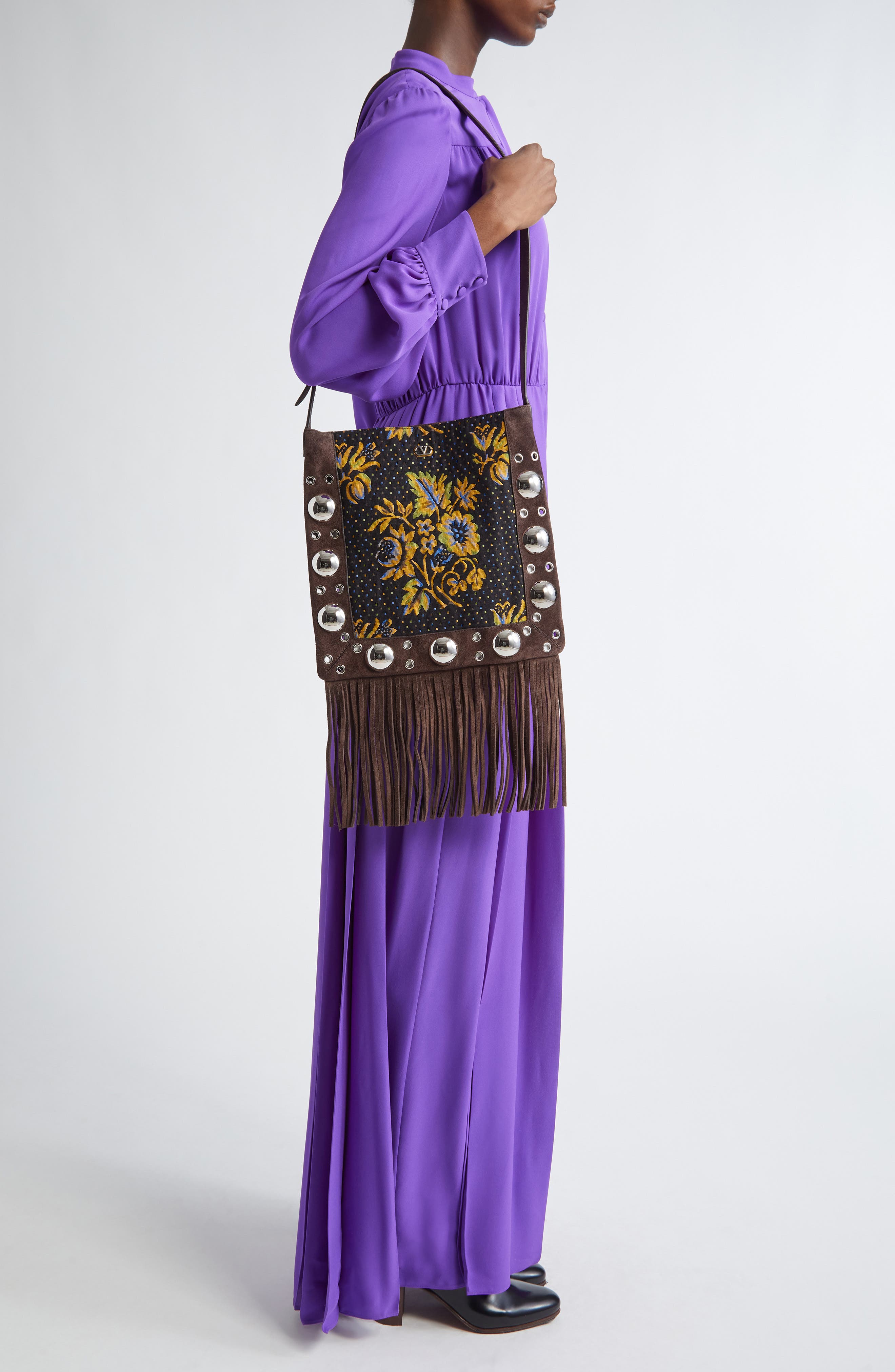 Valentino Garavani Nellcôte Fringed Leather Crossbody Bag, Alternate, color, Brown Multi