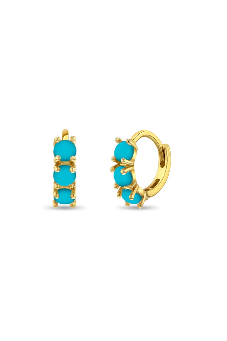 14k Gold Simulated Turquoise Pronged Hoops, Main, color, Aqua Blue