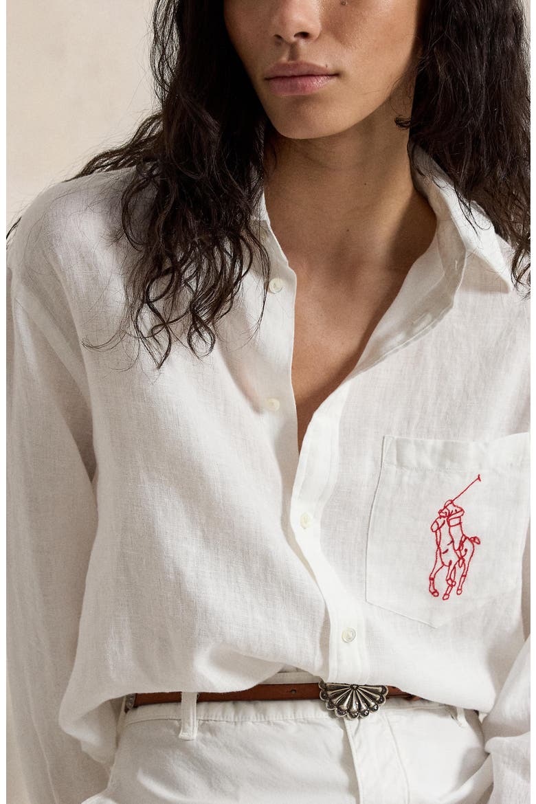 Embroidered Big Pony Oversize Linen Button-Up Shirt, Alternate, color, CLASSIC OXFORD WHITE