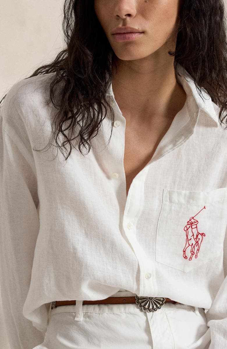Polo Ralph Lauren Embroidered Big Pony Oversize Linen Button-Up Shirt, Alternate, color, Classic Oxford White