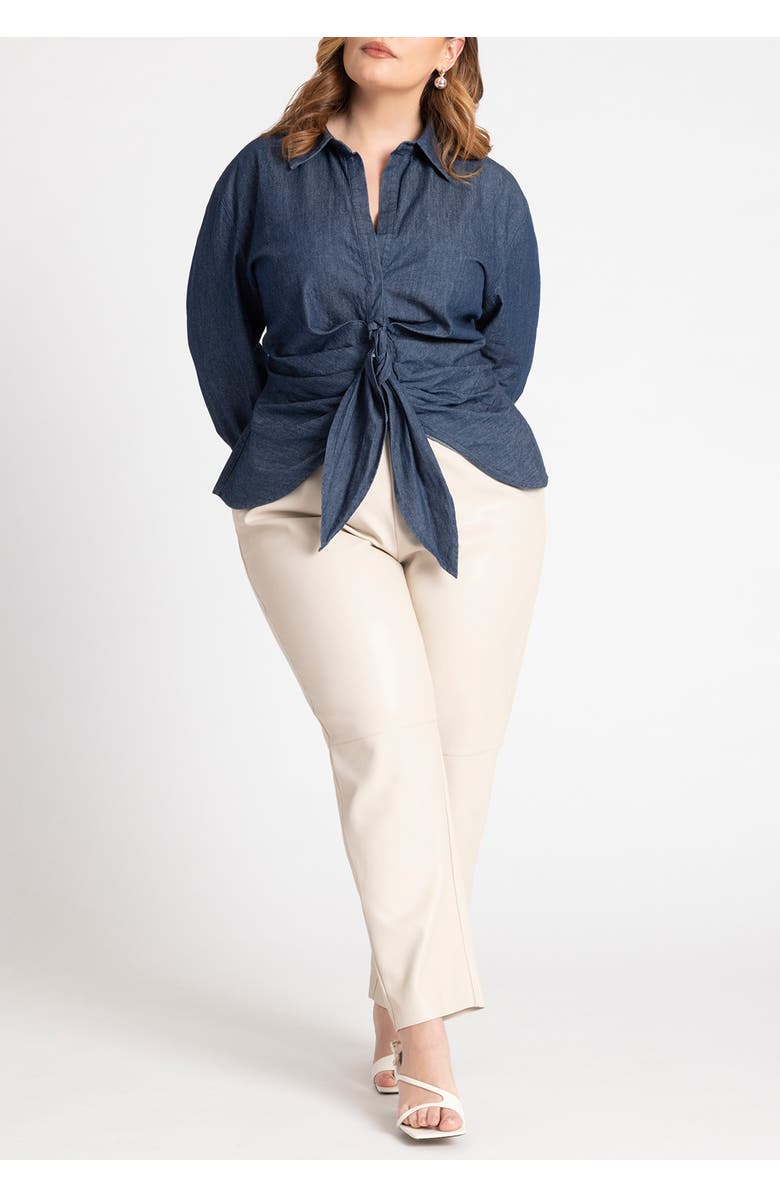 ELOQUII Tie Front Collared Blouse, Alternate, color, Medium Wash
