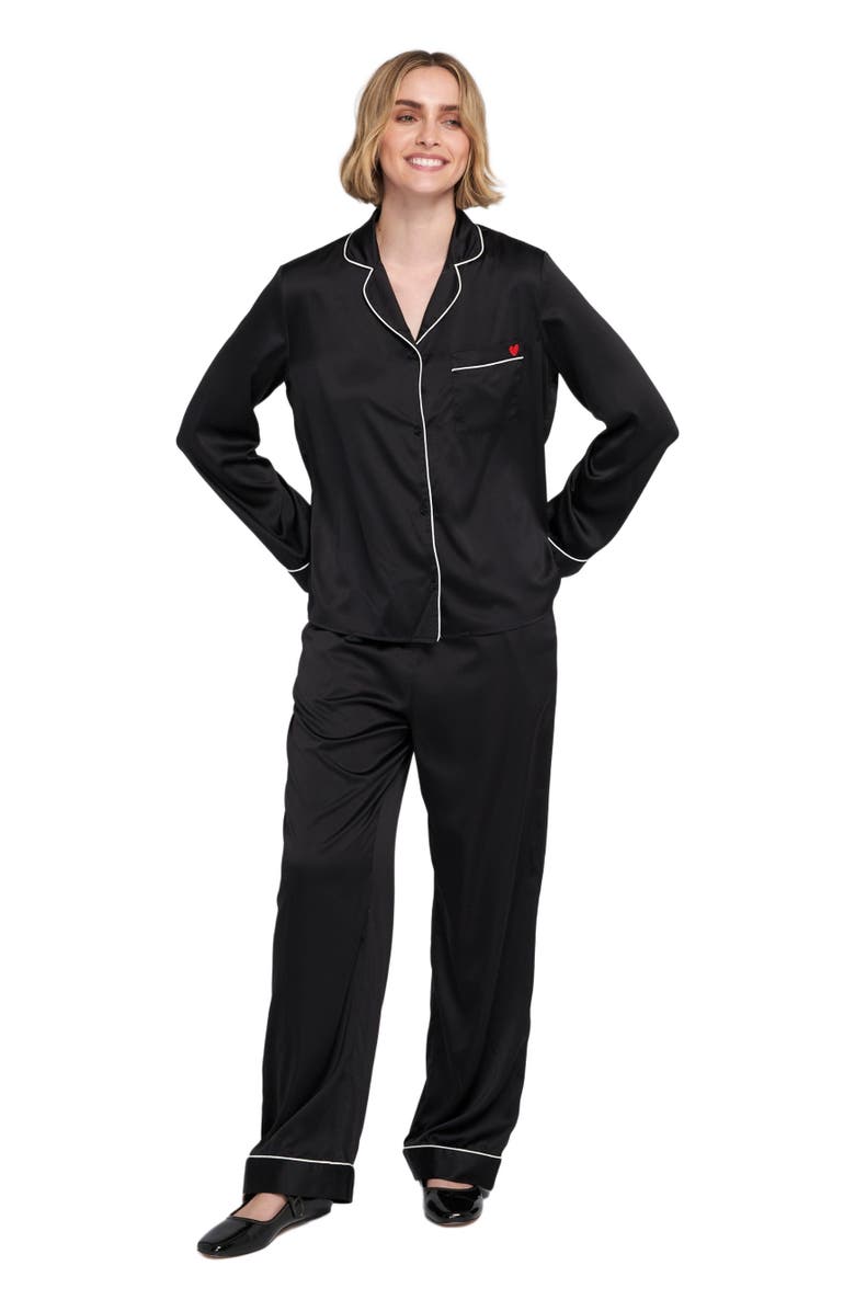 ELLE Collection Satin PJ Set Long Pajama, Alternate, color, Black/Ivory
