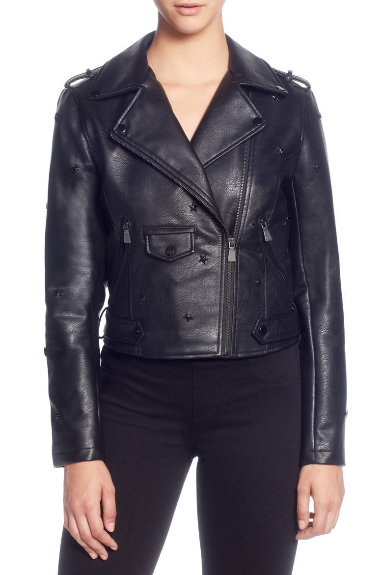 Star Stud Faux Leather Moto Jacket, Main, color, BLACK