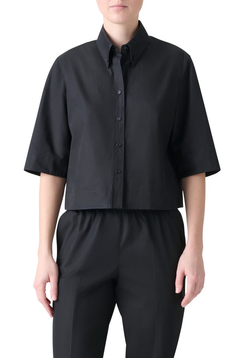 Cotton Poplin Crop Button-Down Shirt, Main, color, BLACK