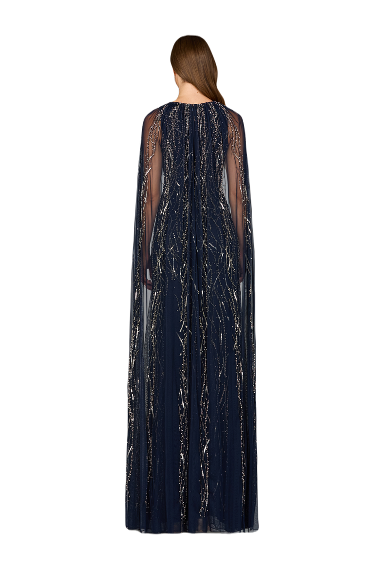Elegant Beaded Dress with Long Cape, Alternate, color, Navy