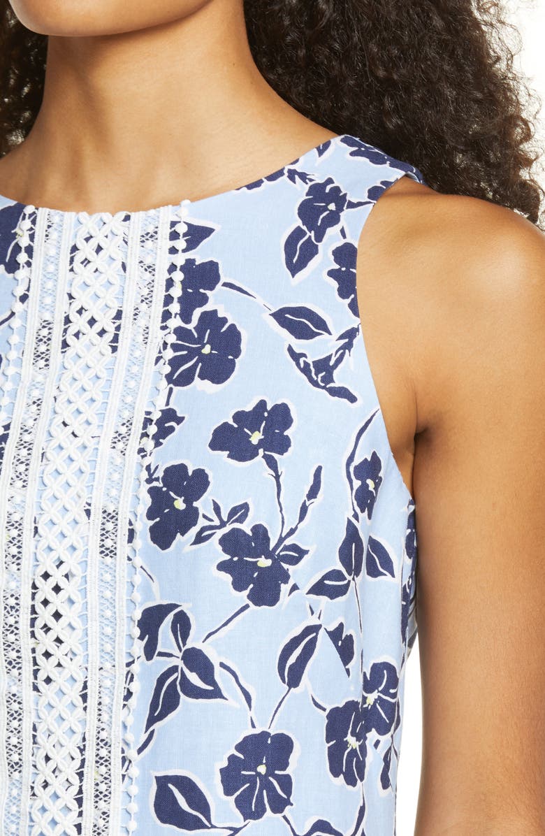 Eliza J Lace Trim Floral Linen Blend Shift Minidress, Alternate, color, Blue