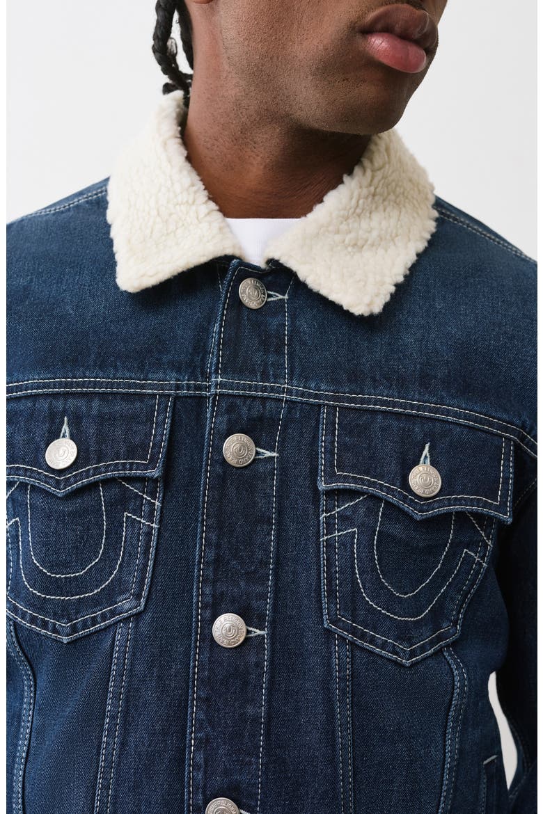 Jessie Faux Shearling Collar Denim Jacket, Alternate, color, DARK WOODLAND WASH