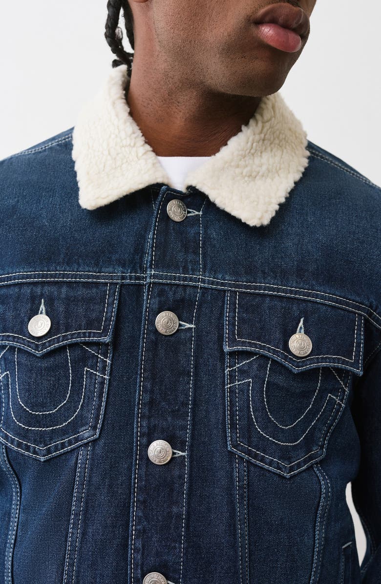 True Religion Jessie Faux Shearling Collar Denim Jacket, Alternate, color, Dark Woodland Wash