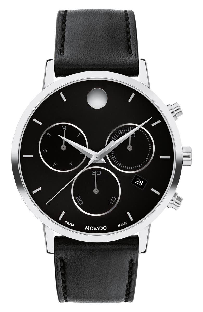 Movado Museum Classic Leather Strap Watch, Main, color, Black Dial