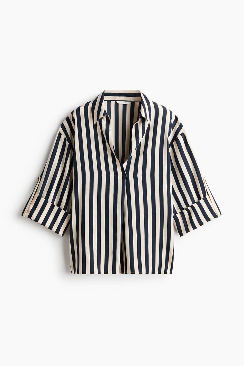 Oversized Popover Shirt, Main, color, Cream/navy blue striped