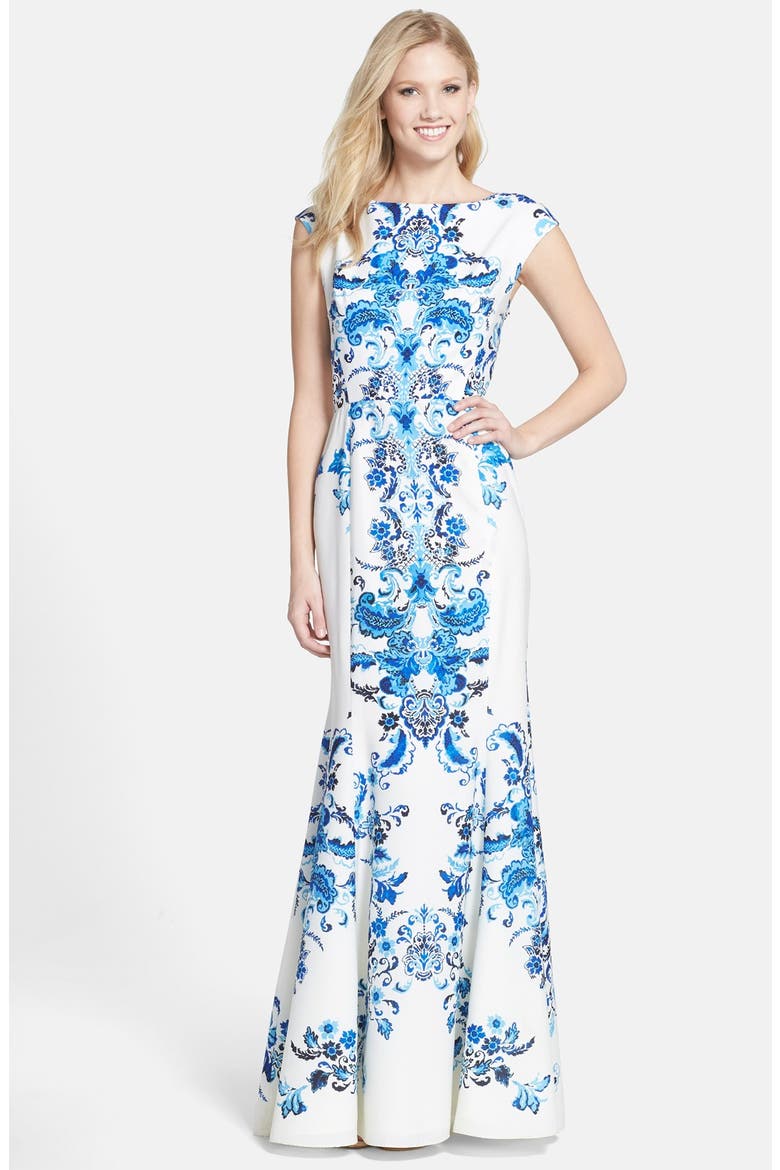 Print Crêpe de Chine Mermaid Gown, Main, color, WHITE/ BLUE