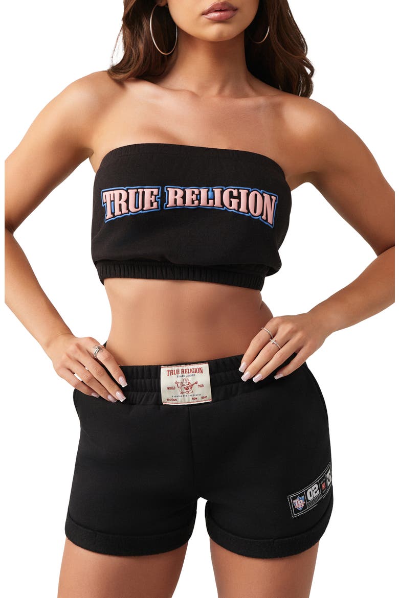 Puff Print Fleece Bandeau Top, Main, color, JET BLACK