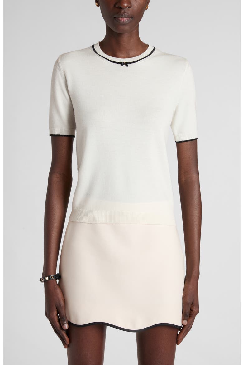 Tipped V-Detail Short Sleeve Wool Sweater, Main, color, IVORY/ BLACK
